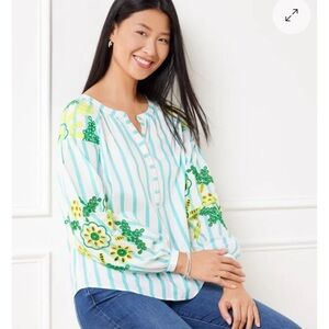 Talbots Womens Park Stripe Embroidered Boho Top